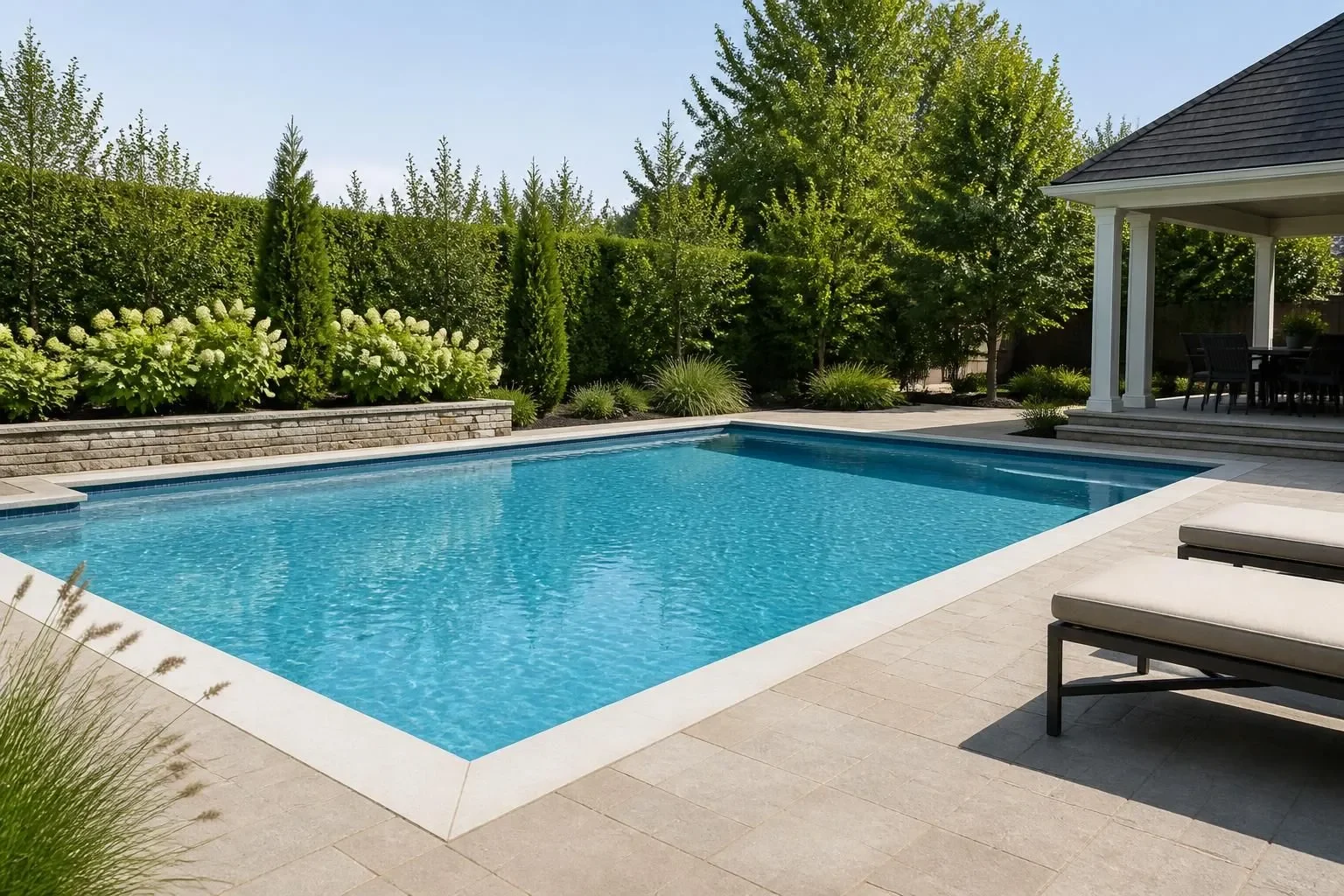 A clean backyard pool with clear water and a tidy patio.