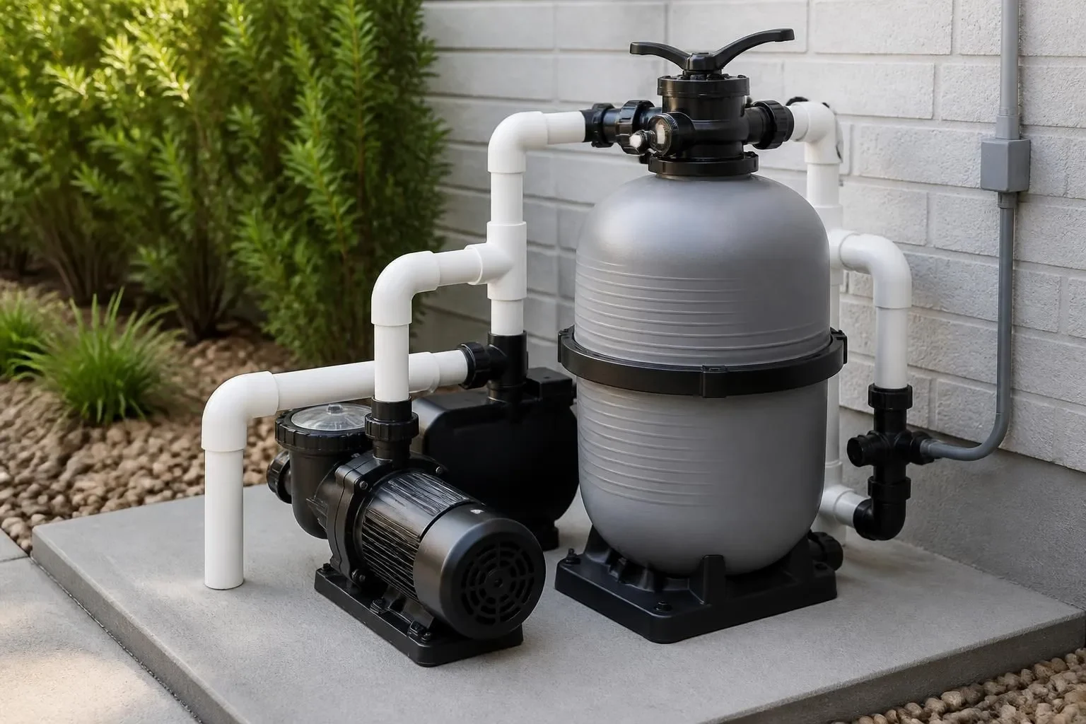 A newly installed pool pump and filter on a clean pad.