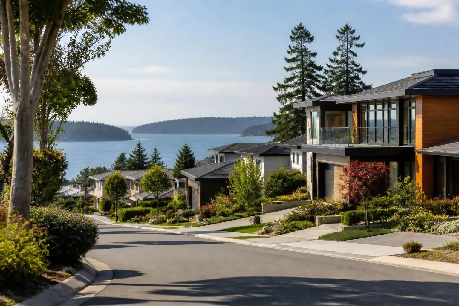 A neighborhood near the water with modern homes and lush greenery.
